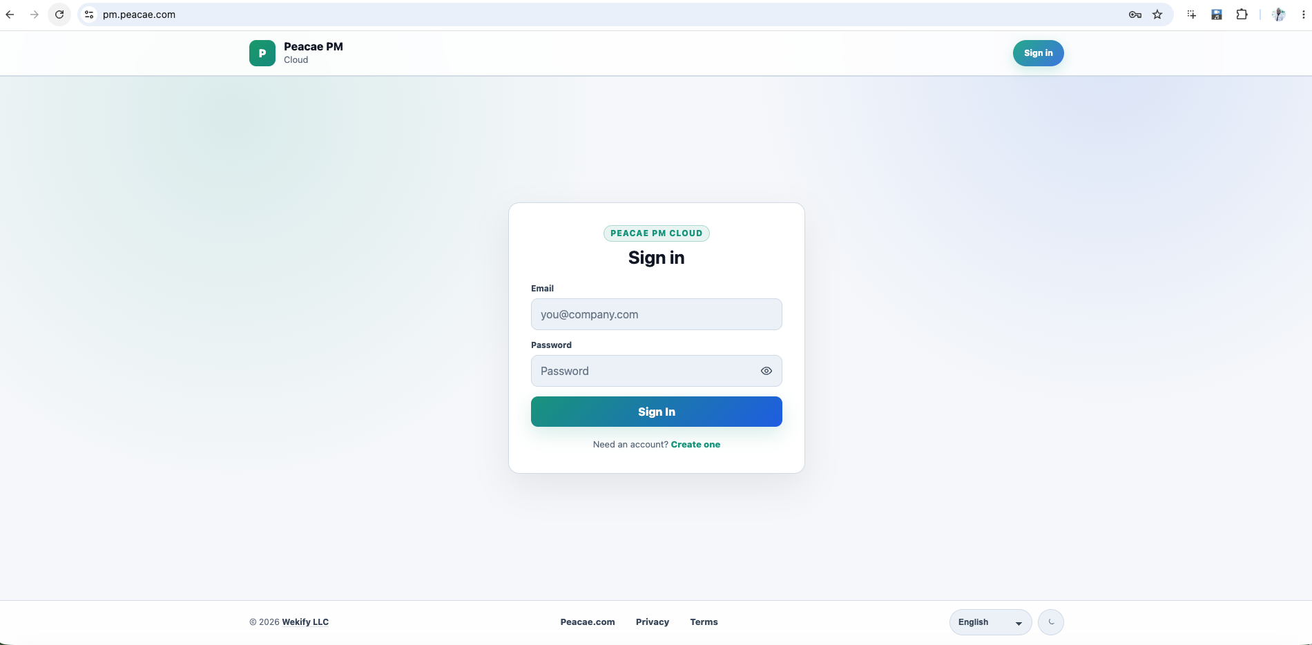 Peacae PM Cloud sign-in — light mode