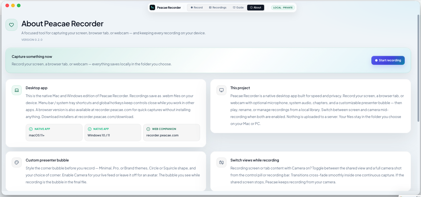 Page à propos Peacae Recorder sur bureau montrant l'aperçu produit et les options de plateforme.