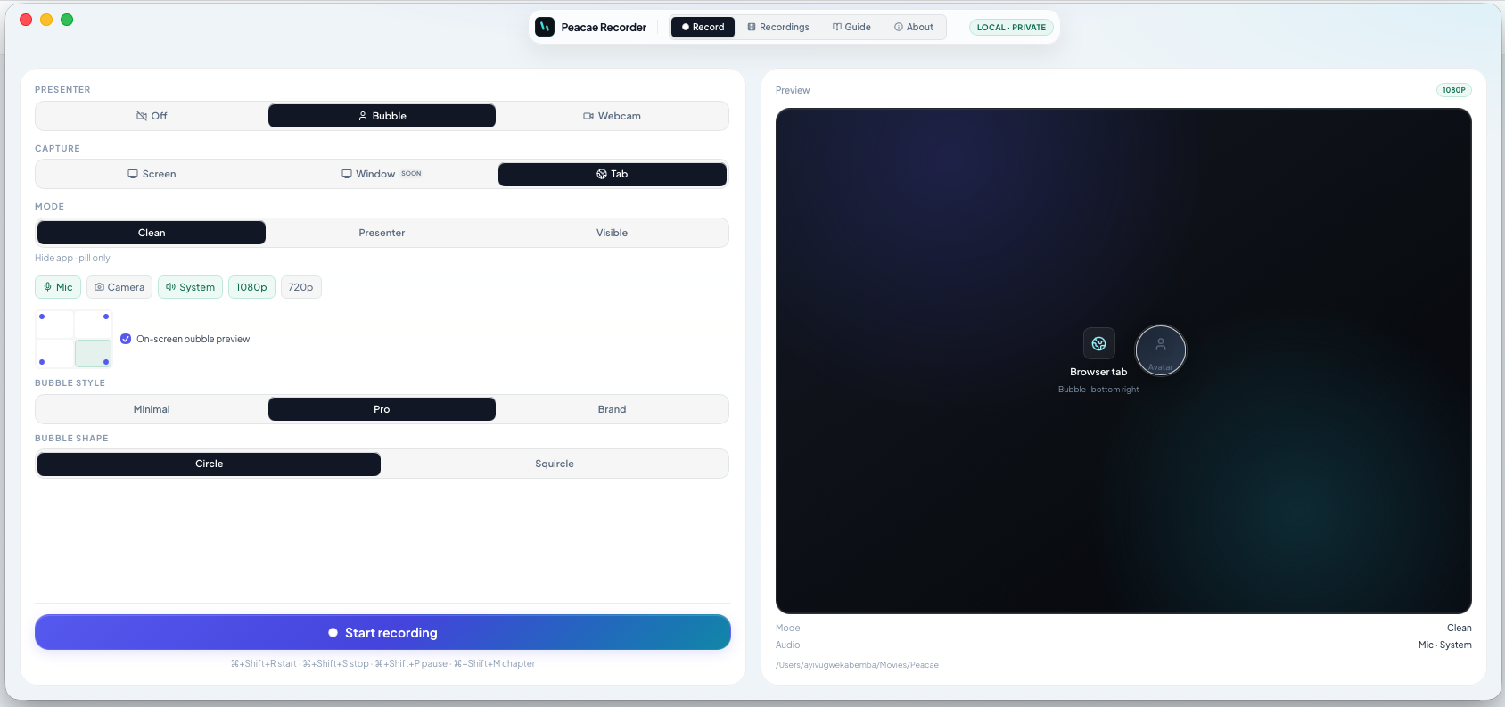 Peacae Recorder desktop bubble position, style, and shape options with live preview.