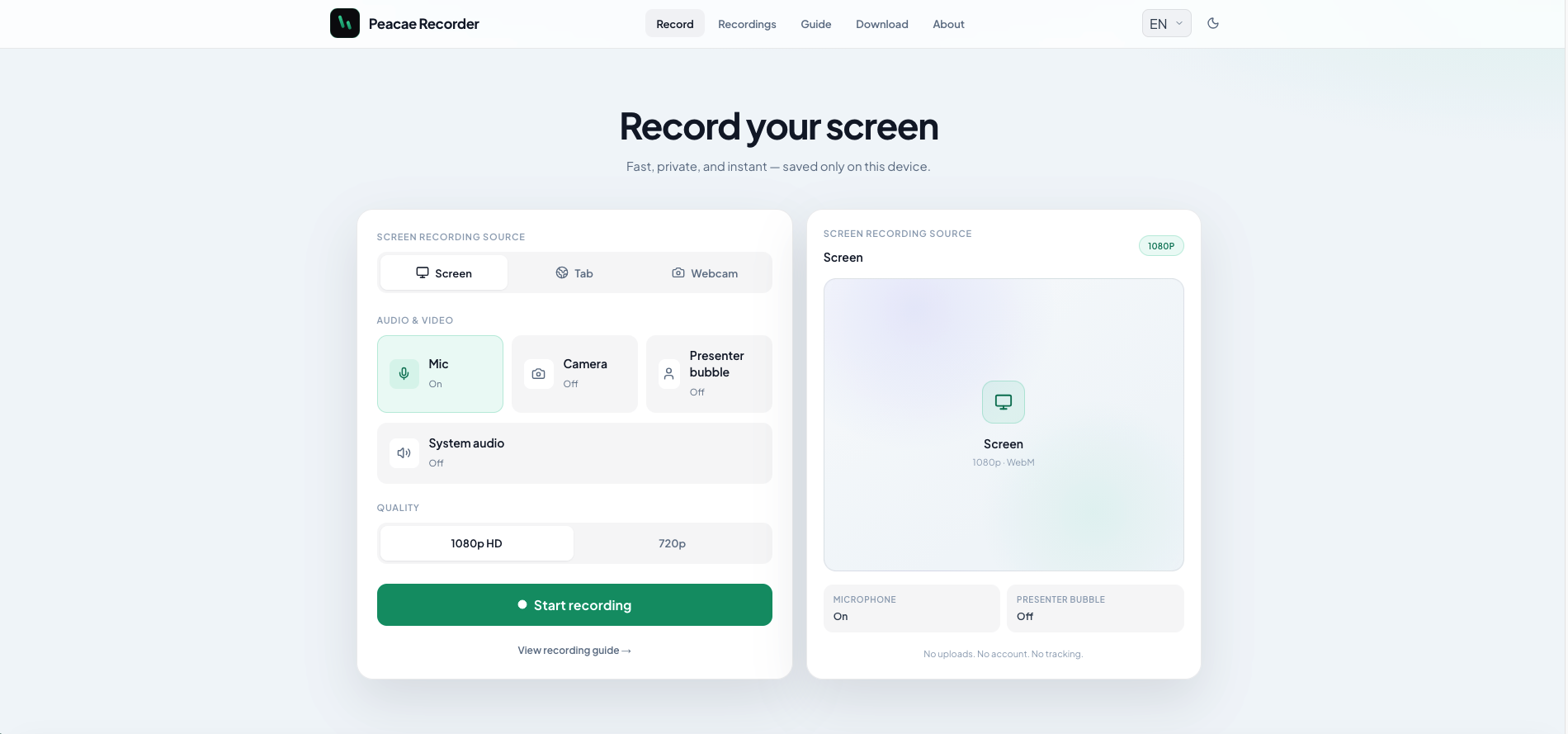 Peacae Recorder web setup with screen source, microphone toggle, quality options, and live preview.
